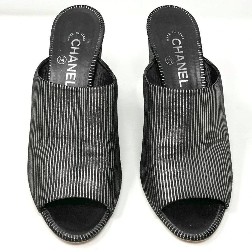 Chanel CC Mule Heels‎ Silver Black Cap Toe Block Heel Sandals 40.5
